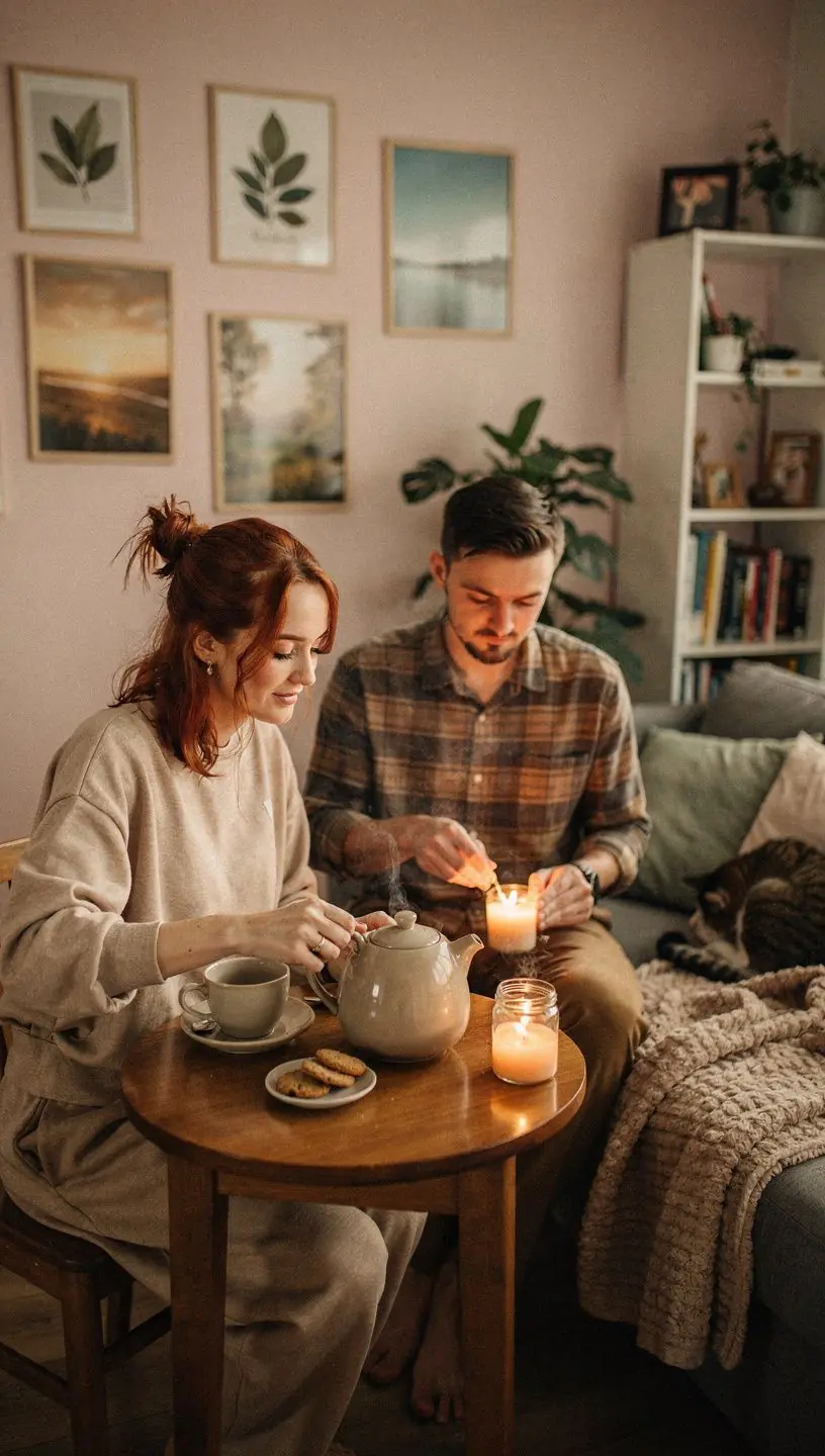 Žmogus ramiai mėgaujasi arbata, apsuptas šviesios ir jaukios darbo aplinkos, simbolizuojančios įpročių formavimą.