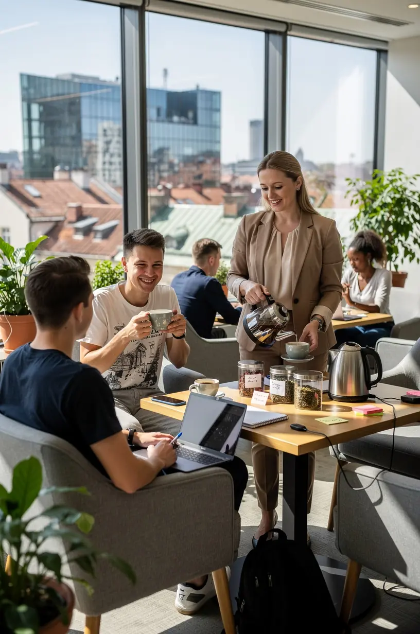 Stalo kampas su arbatos indeliais, žvakėmis ir natūraliais augalais, kuriantis raminančią atmosferą pertraukėlėms.
