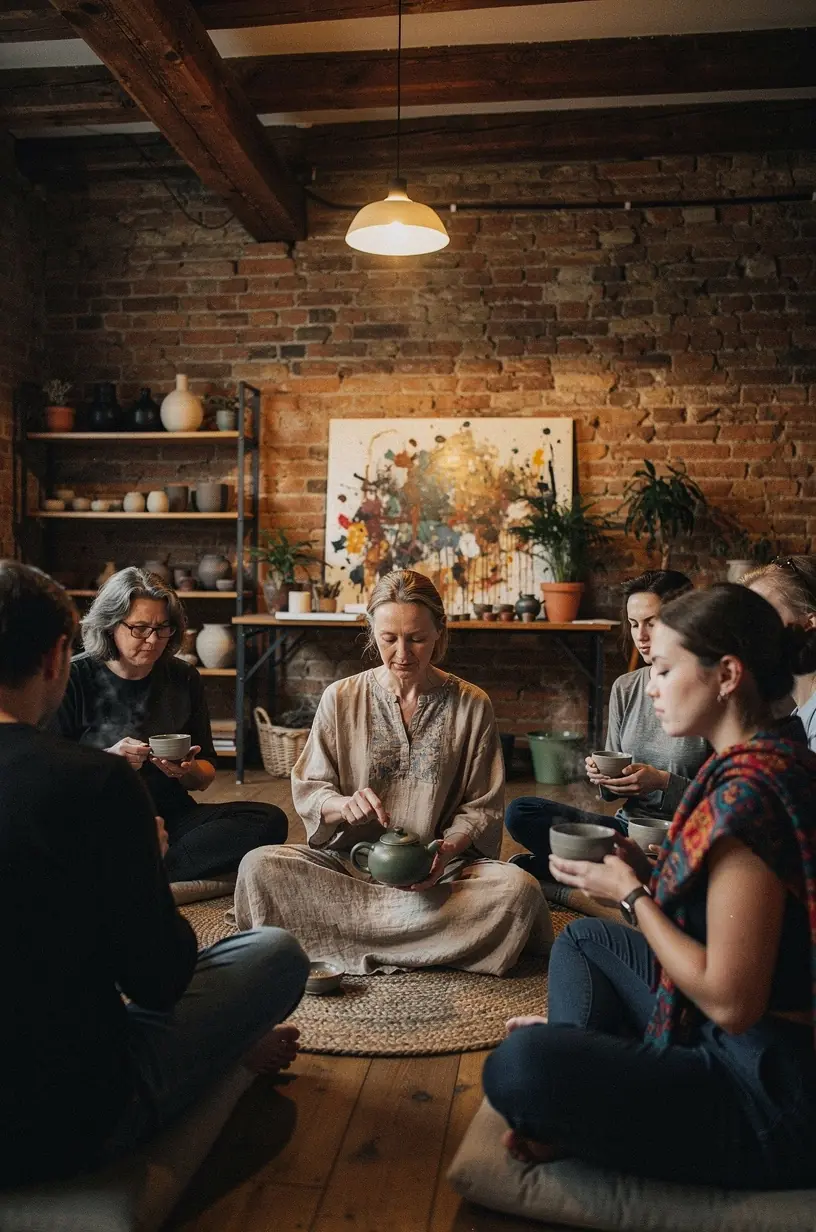 Atidarytas dienoraštis su užrašais apie arbatos pauzes, išdėstytas šalia arbatos puodelio ir žinučių apie produktyvumą.