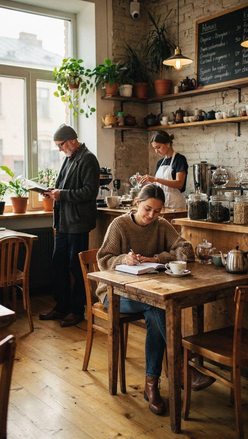 Arbatos puodelis ant medinio stalo su atidarytu dienoraščiu ir rašikliu, skatinantis ramias arbatos pertraukėles.